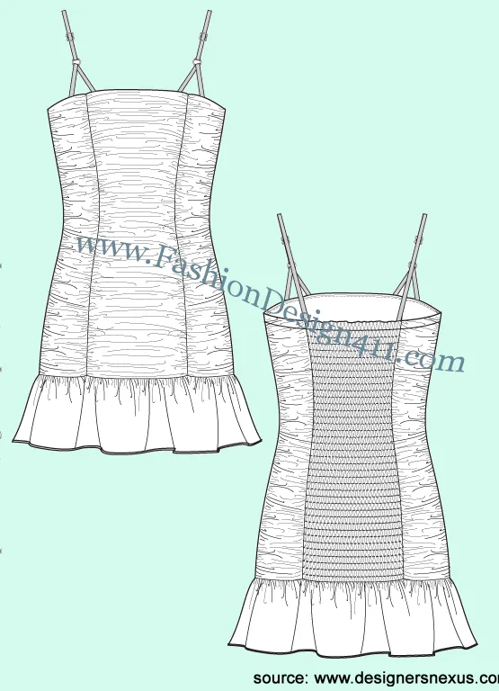 016 Fashion Flat Sketch of a women's ruched, smocked back panel, shoulder straps dress with bottom flounce.