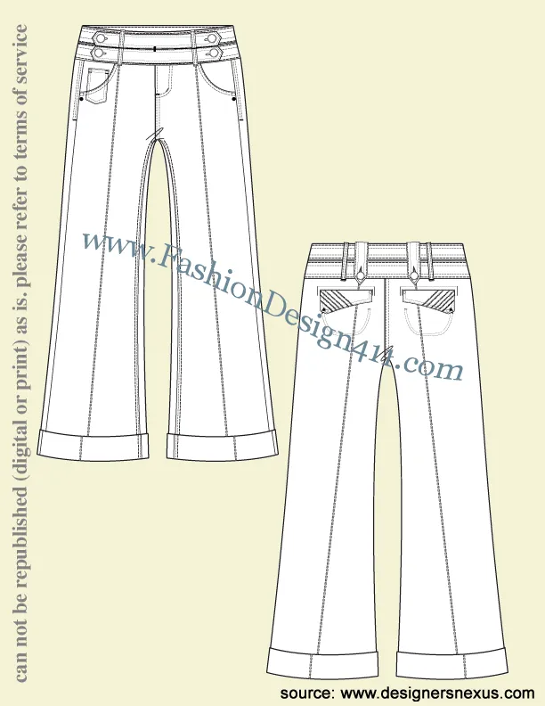 016 Fashion Flat Sketch of a women's doubled closure waistband, wide cut pants.