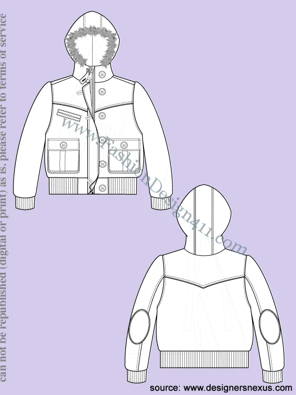 017 Fashion Flat Sketch of a women's puffer with fur trim hoodie, and rib bottom and cuffs.