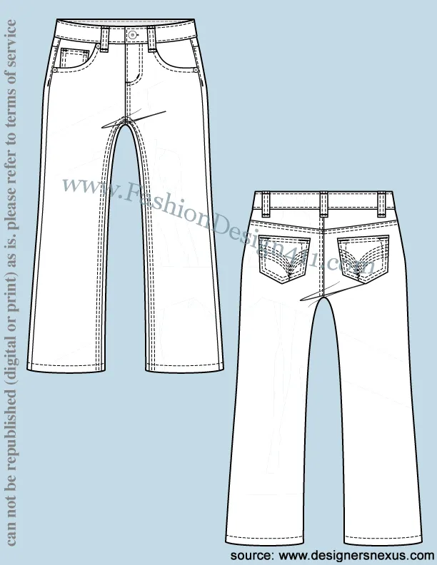 018 Fashion Flat Sketch of a women's, 5 pockets, boot cut jeans