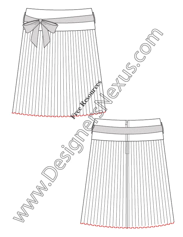 019 Fashion Flat Sketch of a women's pleated a-line skirt with tied in a bow sash belt