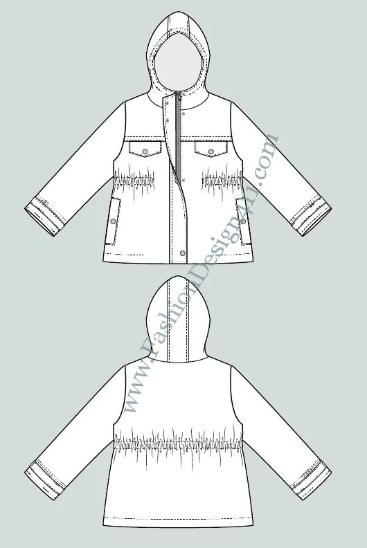 019 Fashion Flat Sketch of a kids' hooded raincoat.