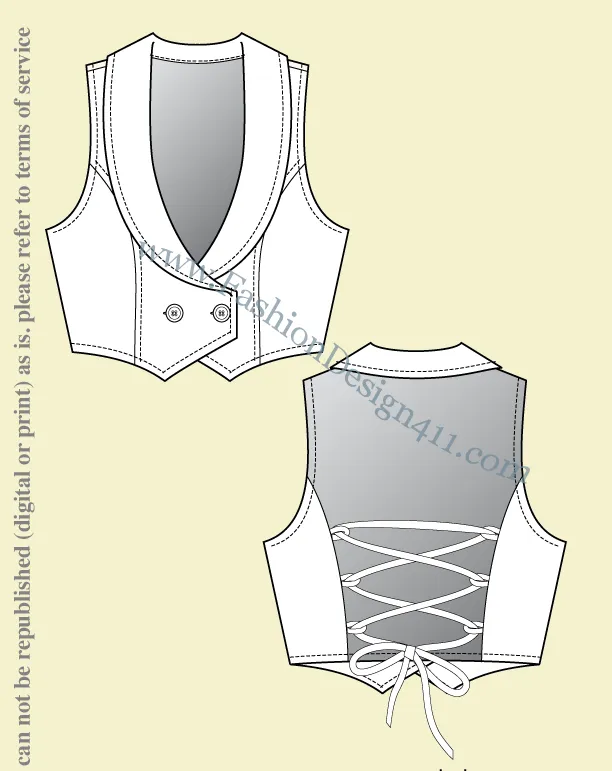 020 Fashion Flat Sketch of a women's shawl collar, vest with back lacing.