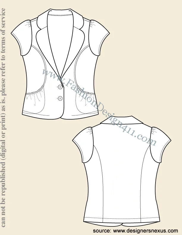 020 Fashion Flat Sketch of a women's round corner collar and lapels, 2 button blazer.
