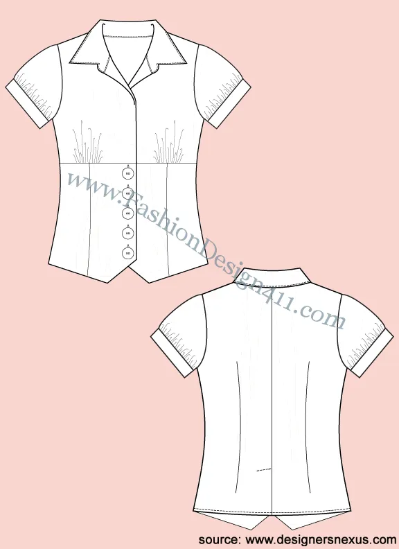 021 Fashion Flat Sketch of a women's double V shaped hem, short sleeves shirt.
