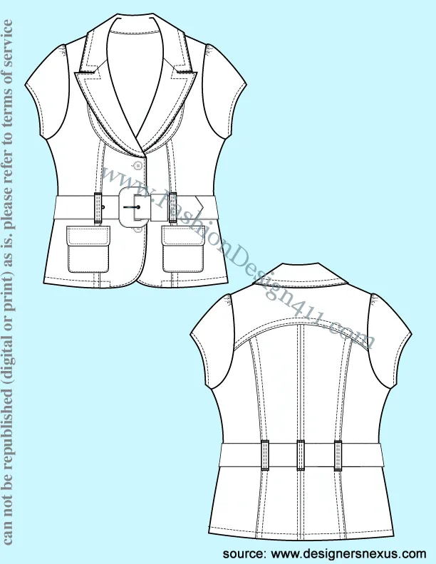 021 Fashion Flat Sketch of a women's belted jacket with front and back yokes.