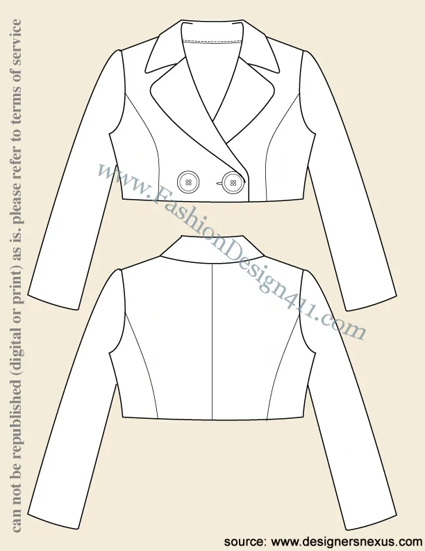 021 Fashion Flat Sketch of a women's bolero, double breasted jacket.