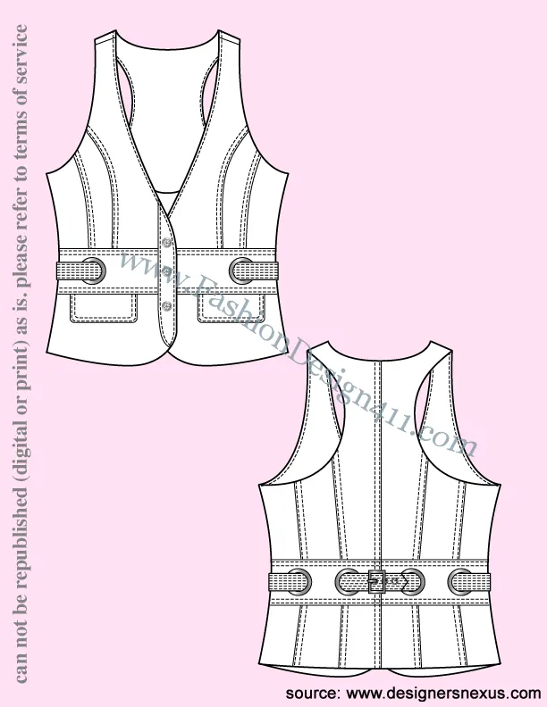 022 Fashion Flat Sketch of a women's V-neck Vest with laced through waist insert belt.