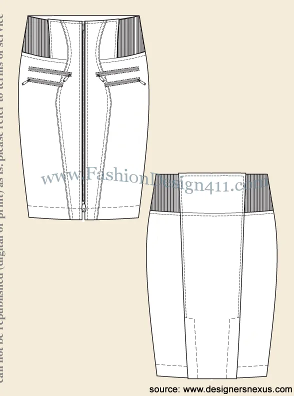 022 Fashion Flat Sketch of a women's rib yoke, zip front, pencil skirt
