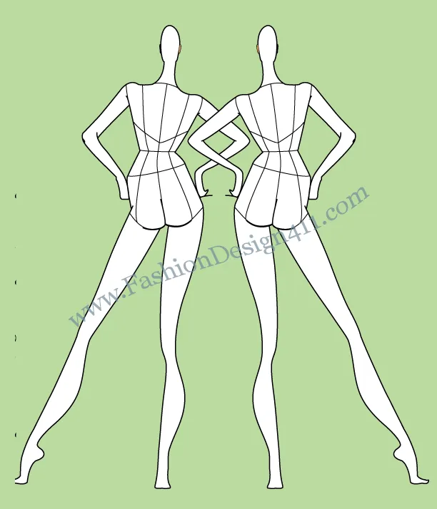 Back View, Female fashion Croqui Template (023) - group L9