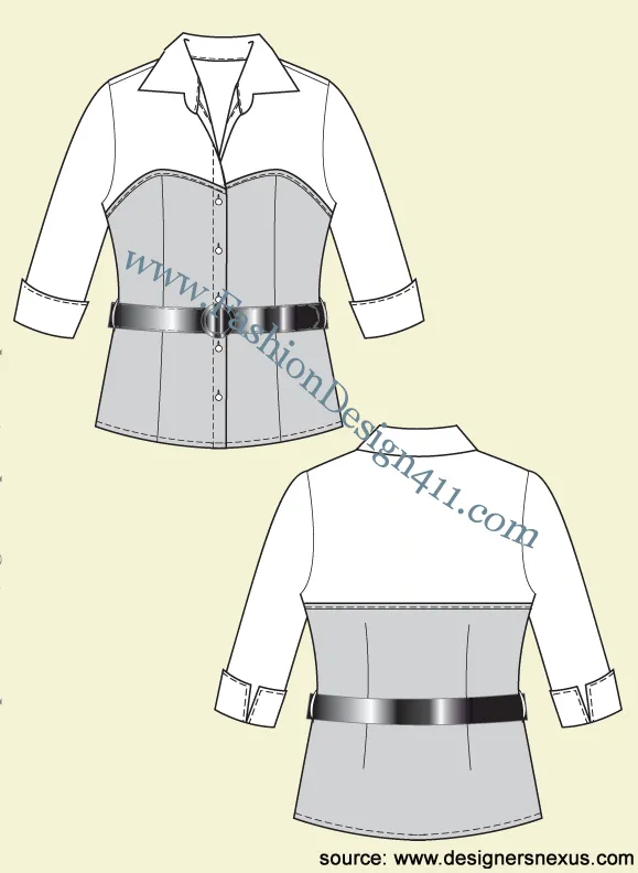 023 Fashion Flat Sketch of a women's mock corset, belted shirt