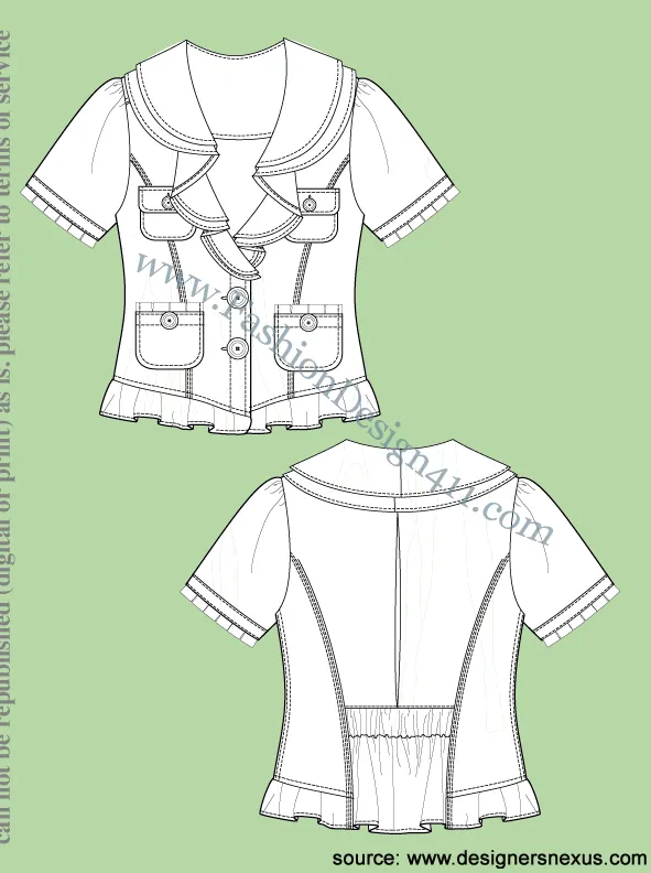 024 Fashion Flat Sketch of a women's cascade collar, cropped jacket with ruffles.