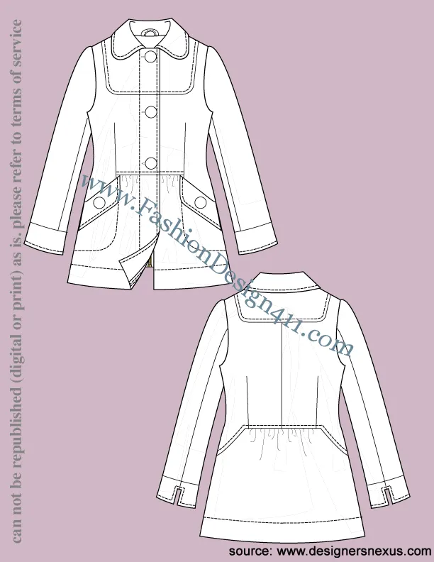 024 Fashion Flat Sketch of a women's, round collar, fitted, bib coat,
