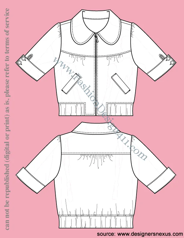 024 Fashion Flat Sketch of a women's round collar, cropped jacket, with short cuffed sleeves, and gathers at front and back yoke seams.