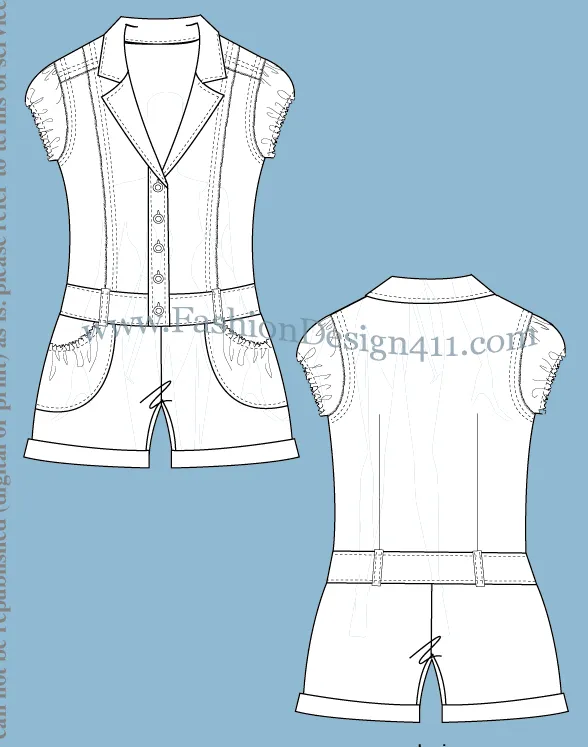 025 Fashion Flat Sketch of a women's elastic gathered cap sleeves, notch collar romper with pouch pockets.