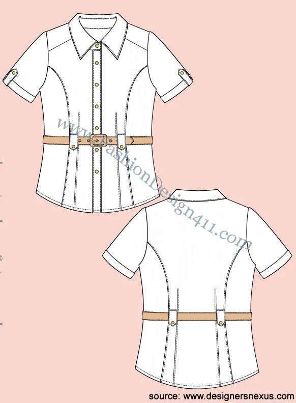 025 Fashion Flat Sketch of a women's, short sleeves, belted shirt.