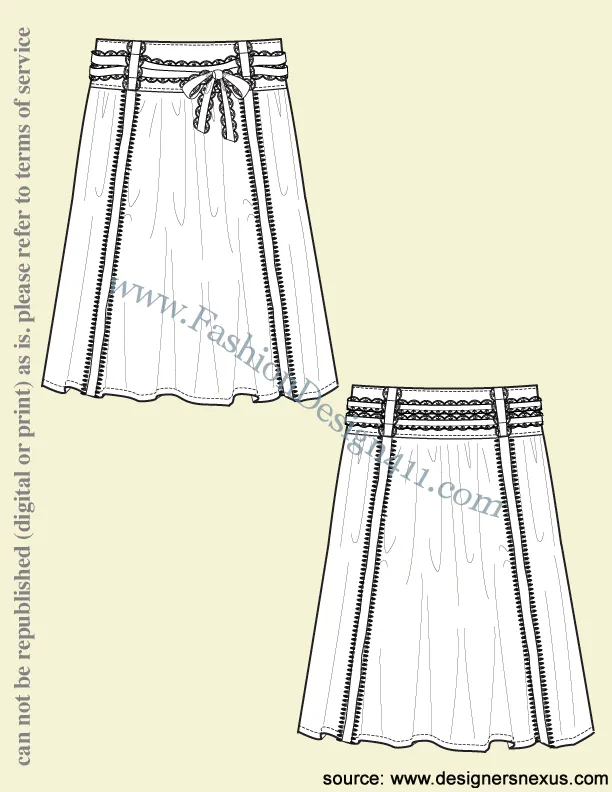 025 Fashion Flat Sketch of a women's 6 panels, flared skirt with crochet trim and tied in a bow sash belt