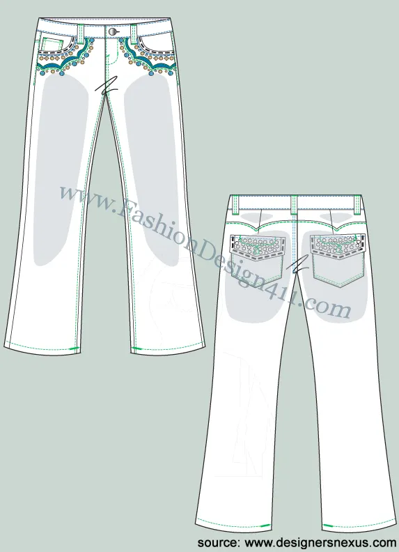 026 Fashion Flat Sketch of a women's, double v back yoke, embellished, boot cut jeans