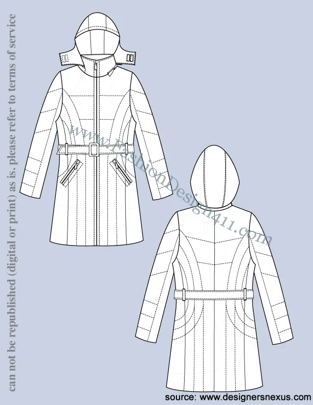026 Fashion Flat Sketch of a women's belted, puffer coat with detachable hoodie