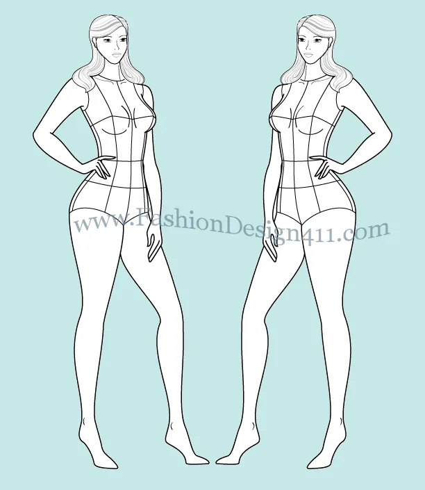 Plus size, 3/4 view female fashion croqui template (026)