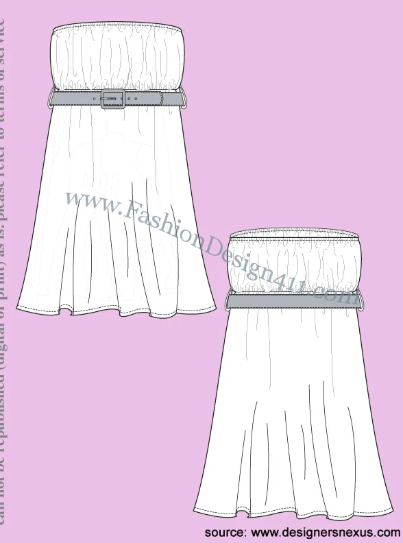 026 Fashion Flat Sketch of a women's belted, strapless dress, with ruched top and flared skirt.