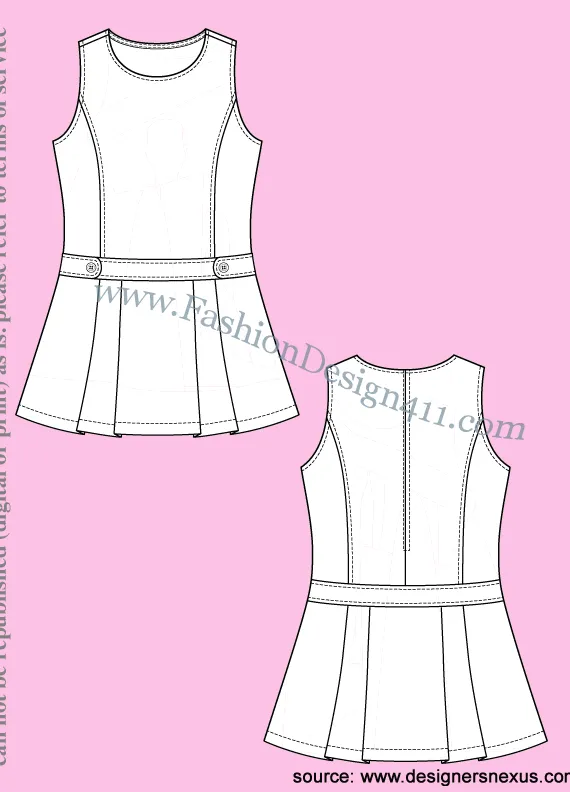027 Fashion Flat Sketch of a girl's, sleeveless, crew neck dress with pleated skirt