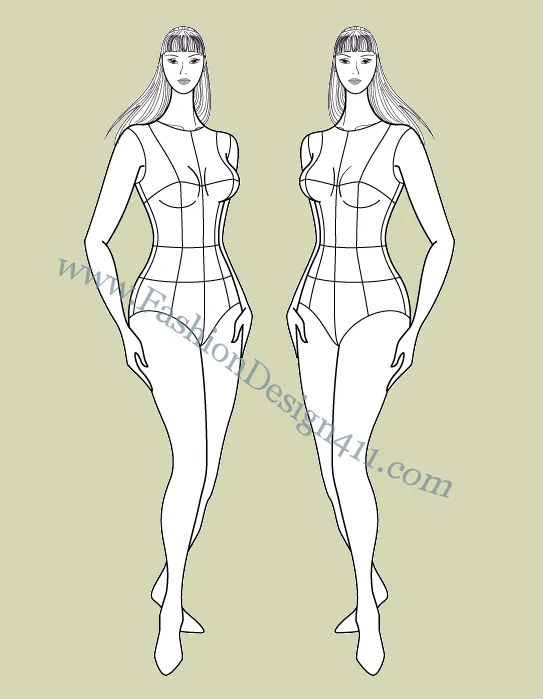 Plus size, female fashion croqui template (027)