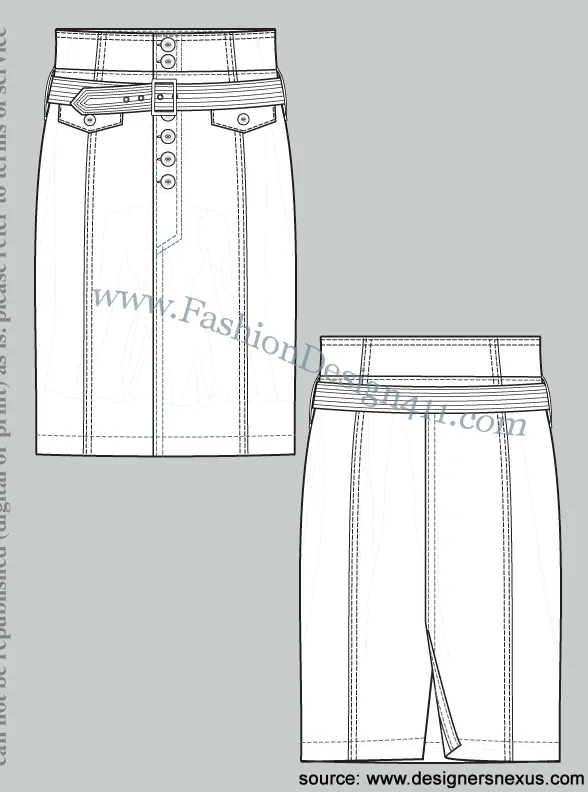 028 Fashion Flat Sketch of a women's, belted, 8 panels, high waist, straight skirt.