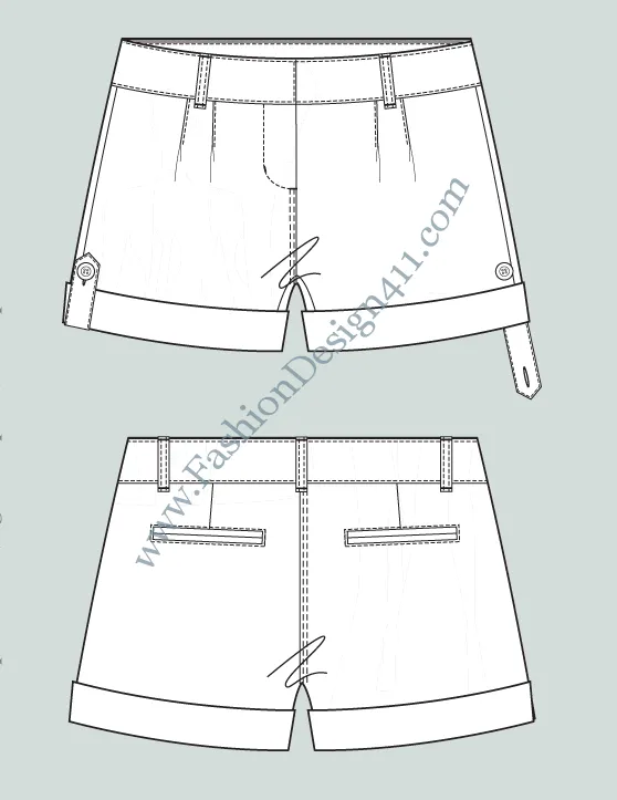 028 Fashion Flat Sketch of a women's, cuffed with side seam tabs shorts with front pleats.