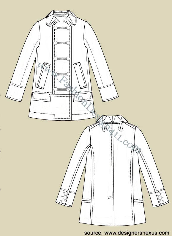 028 Detailed Fashion Flat Sketch of a women's double breasted coat with round collars.