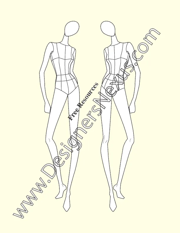 028 Women's fashion croqui template front view with garment style lines - group 12