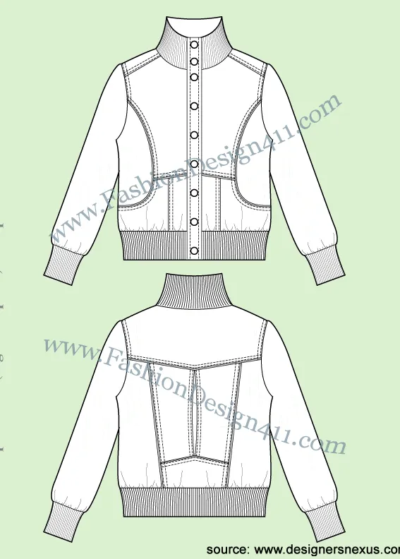 028 Fashion Flat Sketch of a women's, snapped-down windbreaker jacket with rib cuffs, bottom, and mock neck.