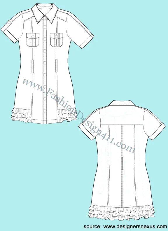 028 Fashion Flat Sketch of a women's, rolled-up, short sleeves shirt dress with ruffles at the bottom.