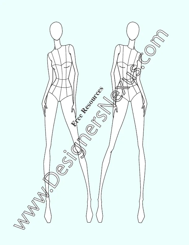 029 Women's fashion croqui template front view with garment style lines - group 12