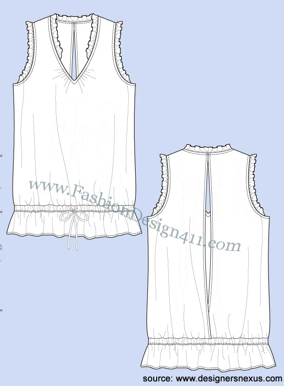 029 Fashion Flat Sketch of a women's, deep V-neck, sleeveless blouson with back slit, bottom draw string, and ruffles at neckline and armholes