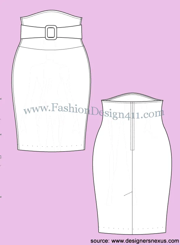 030 Fashion Flat Sketch of a women's, high waist, tight fit, pencil skirt.