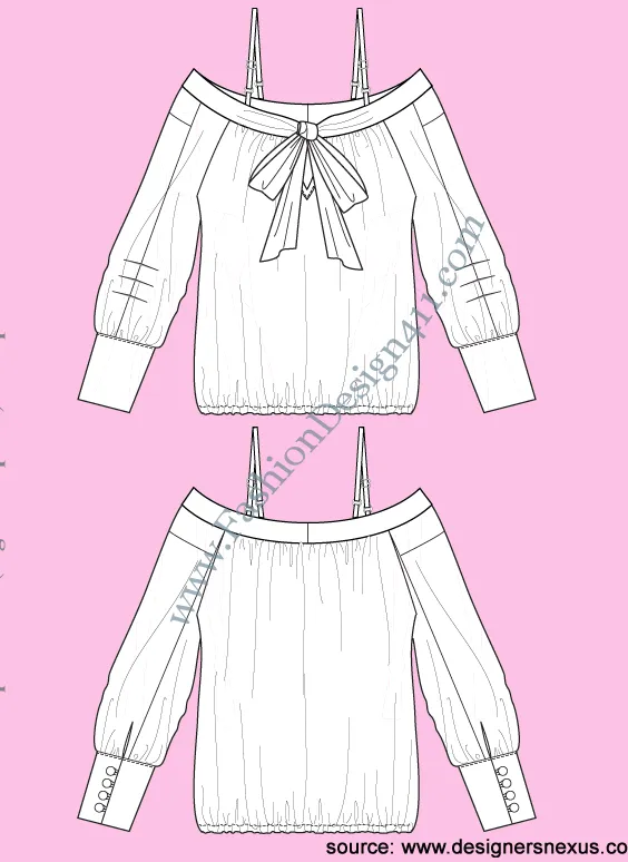 030 Fashion Flat Sketch of a women's off shoulder, bow tie over front keyhole, blouson.