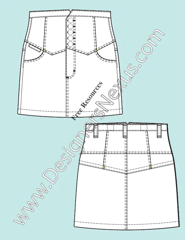 043 Fashion Flat Sketch of a women's, wester yoke, exposed buttons placket, mini skirt