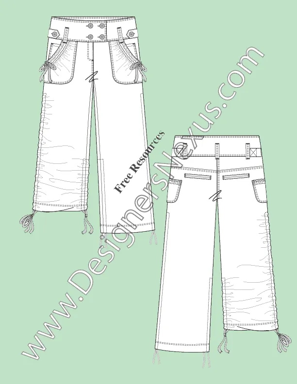 044 Fashion Flat Sketch of a women's, wide waist band, ruched with draw string side seams, cropped pants