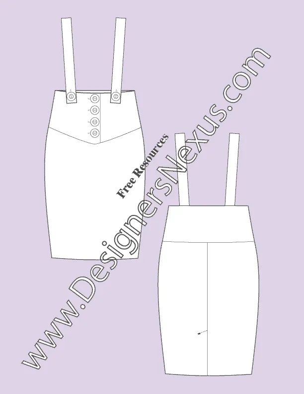 045 Fashion Flat Sketch of a women's, v-shape, buttoned-up, front yoke, pencil skirt with shoulder straps