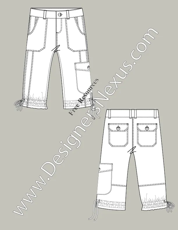 046 Fashion Flat Sketch of a women's, draw string cuffs, patch pockets capri pants