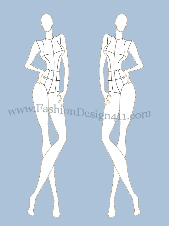 Front View of a K-Girl, Female Model fashion croqui Template (046) - group 8