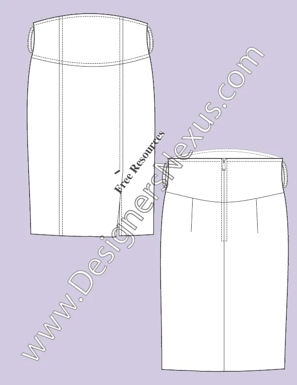 046 Fashion Flat Sketch of a women's, five panel straight skirt with front and back yokes
