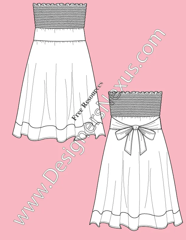 046 Fashion Flat Sketch of a women's, smocked top, strapless dress with soft folds skirt