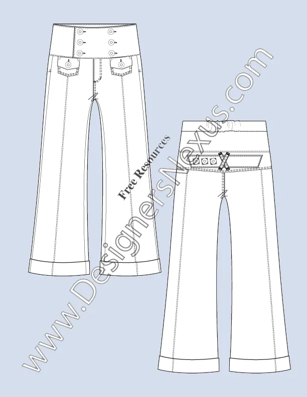 048 Fashion Flat Sketch of a women's, wide,waistband, cuffed wide leg pants with a tab at back yoke
