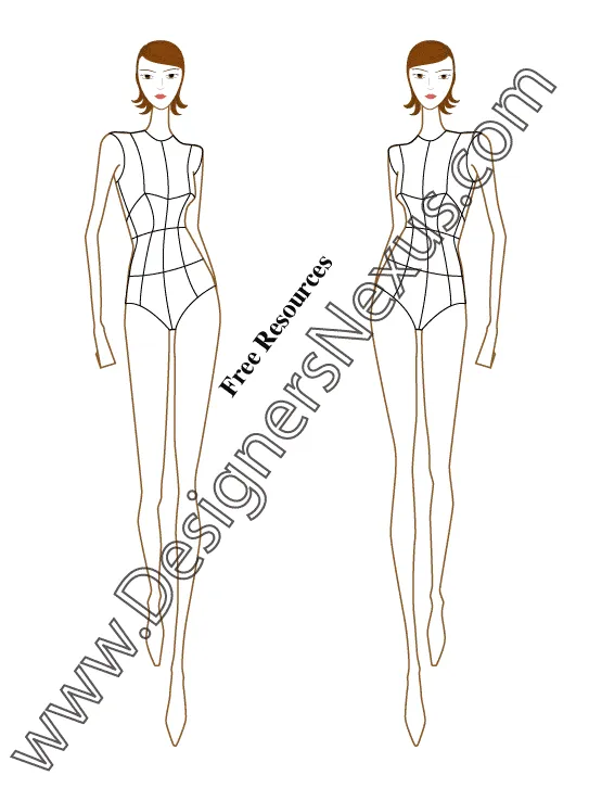 049 walking model Women's fashion croqui template with garment style lines - group 15