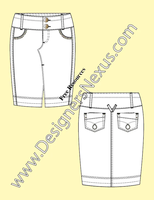 050 Fashion Flat Sketch of a women's, wide waistband, pencil, denim skirt