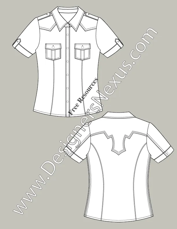 050 Fashion Flat Sketch of a women's, safari chest pockets, western yoke shirt