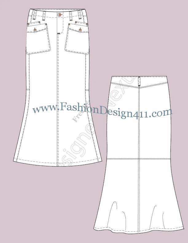 051 Fashion Flat Sketch of a women's, fish tail, maxi skirt with slanted patched pockets