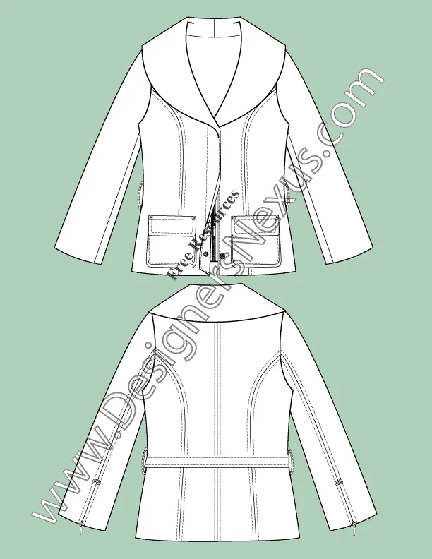 052 Fashion Flat Sketch of a women's, shawl collar, hidden zipper placket, semi fitted jacket